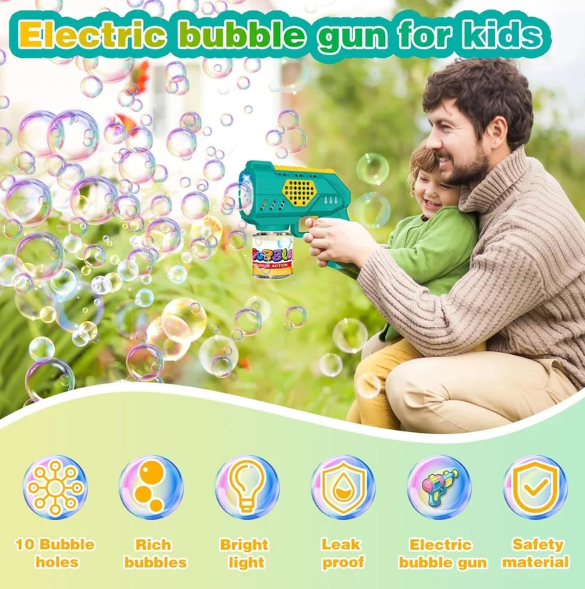 10-Hole Automatic Bubble Maker Gun for Kids with LED Lights
