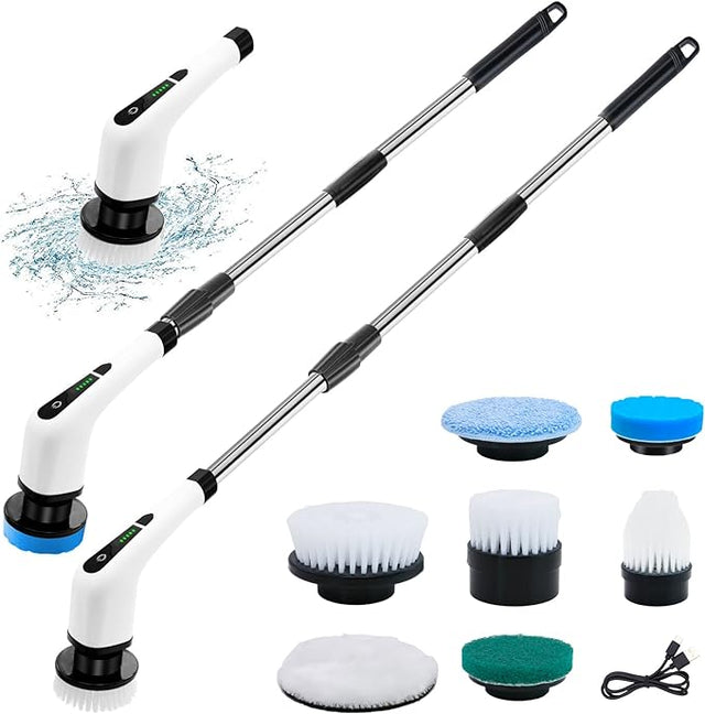Electric Rotating Cleaning Brush, 9 Replaceable Heads & Adjustable Handle