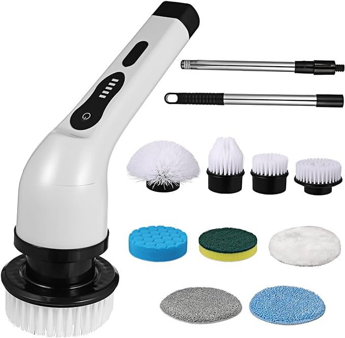 Electric Rotating Cleaning Brush, 9 Replaceable Heads & Adjustable Handle