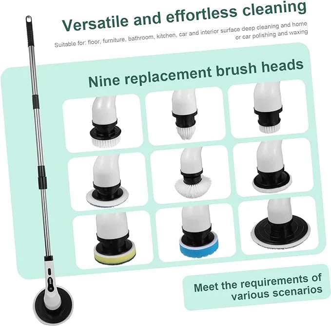 Electric Rotating Cleaning Brush, 9 Replaceable Heads & Adjustable Handle